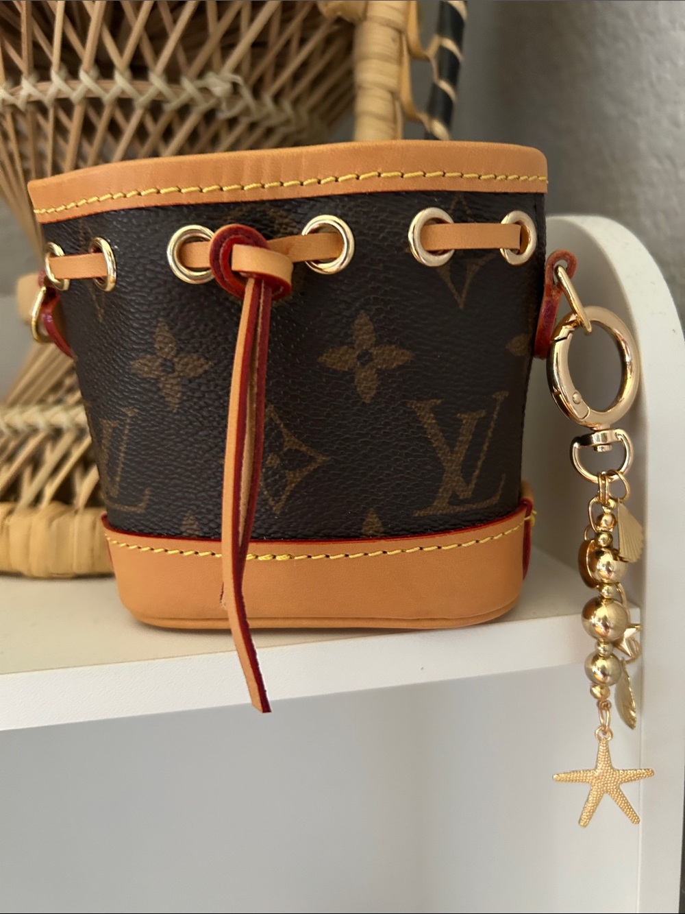 LV Micro Brown Leather Bucket Bag Monogram Logo Upcycled Repurposed Bag Charm